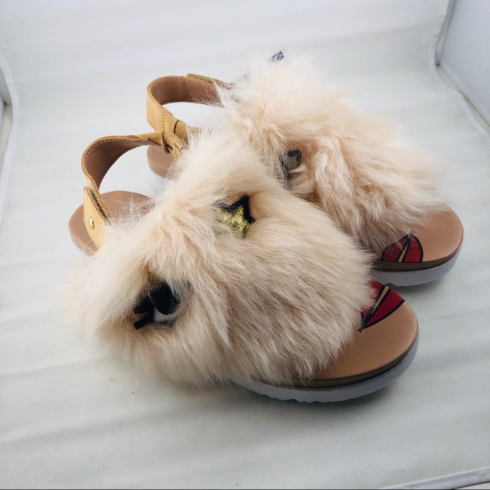 UGG Girls Beige Fluff Sandals with Embellished Stars